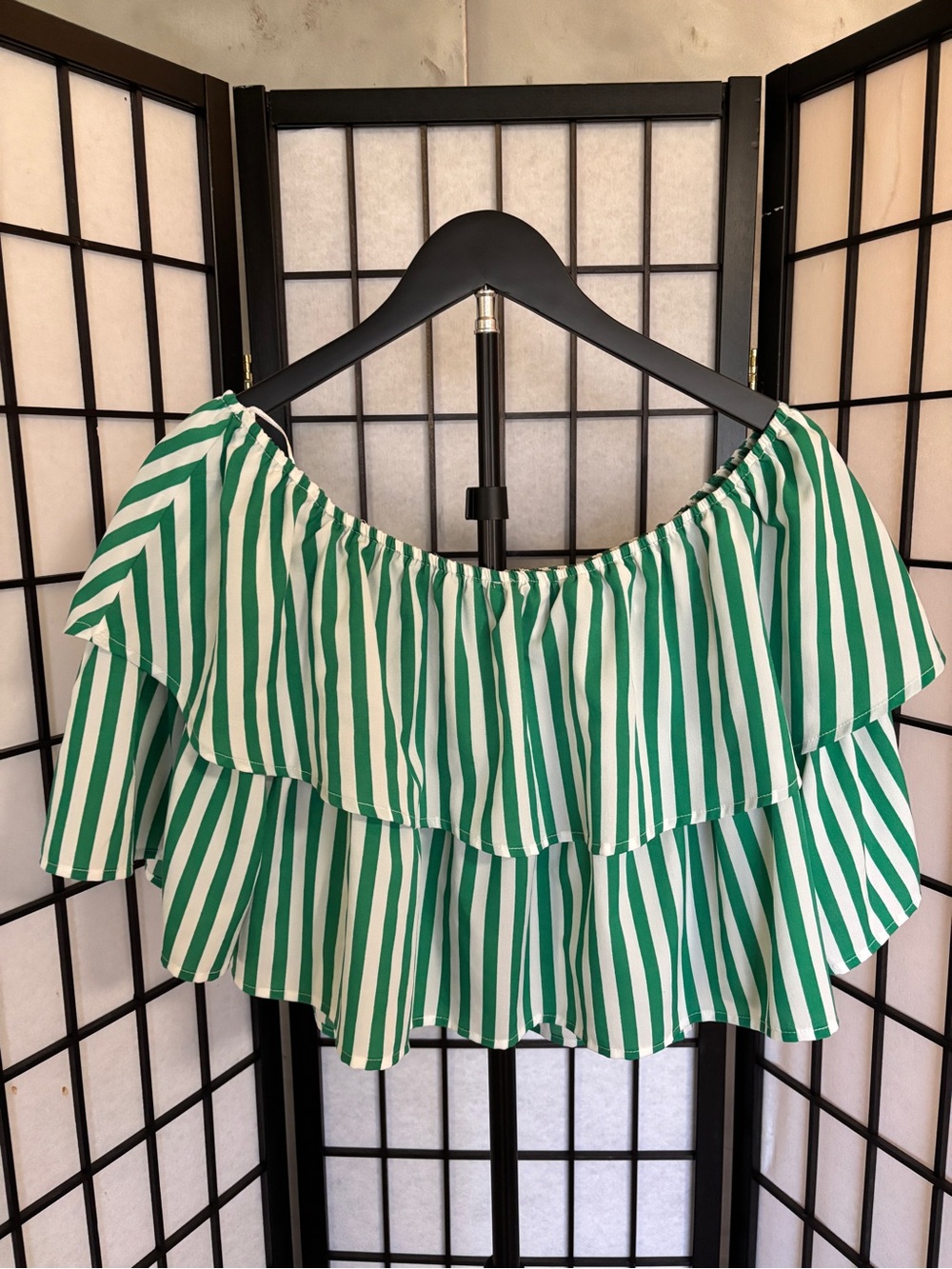 McAlin by Flying Tomato Green White Stripe Off Shoulder Top Large - Picture 3 of 3